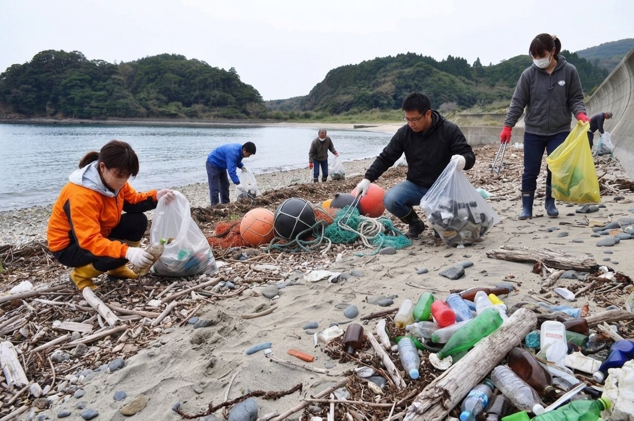海岸でごみを拾うボランティア